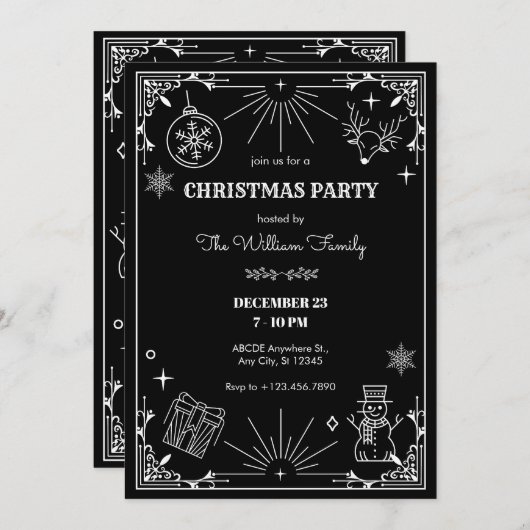 Black art déco fête de Noël invitation (Devant / Derrière)