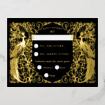 Black Art Déco Peacocks Gold Foil Carte Rsvp<br><div class="desc">Véritable feuille d'or sur le devant en or or,  argent ou rose avec design art déco paon sur arrière - plan couleur personnalisé,  mis en place comme carte postale pour retourner à l'expéditeur</div>