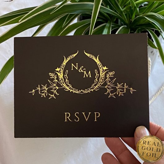 Black avec Real Gold Foil Wedding Carte postale RS