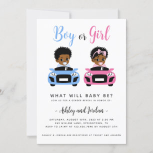 Black Baby Car Race Geslacht Onthulling Uitnodigin Kaart