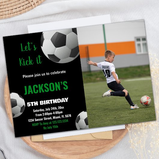 Black Ball Green Texte Photo Soccer Invitations