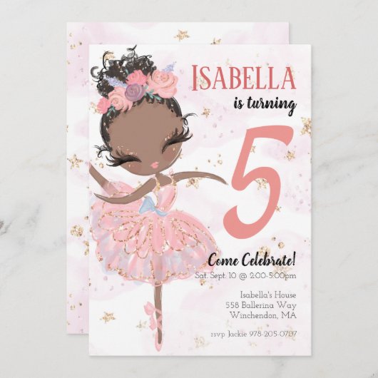 Black Ballerina Birthday Party Invitation Kaart (Voorkant / Achterkant)