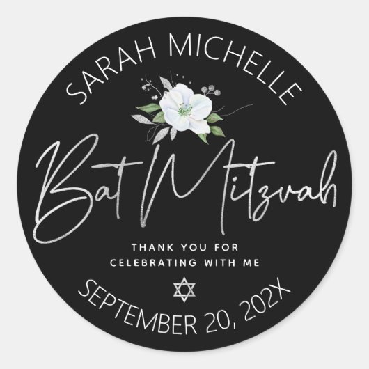 Black Bat Mitzvah Silver Script Floral Waterverf Ronde Sticker (Voorkant)