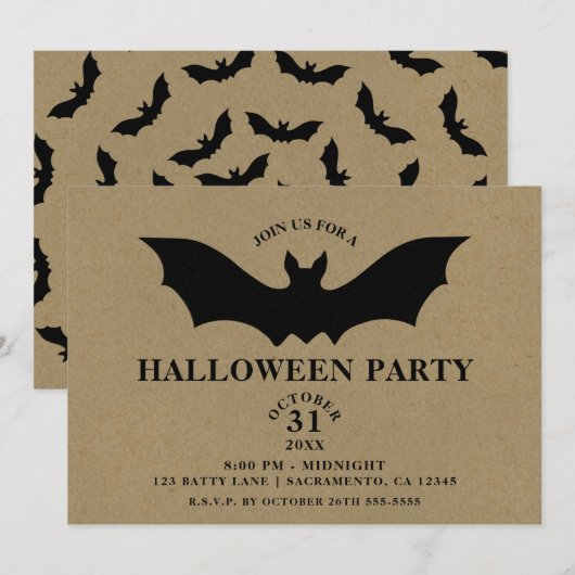 Black Bat Rustic Kraft Halloween Party Kaart (Voorkant / Achterkant)