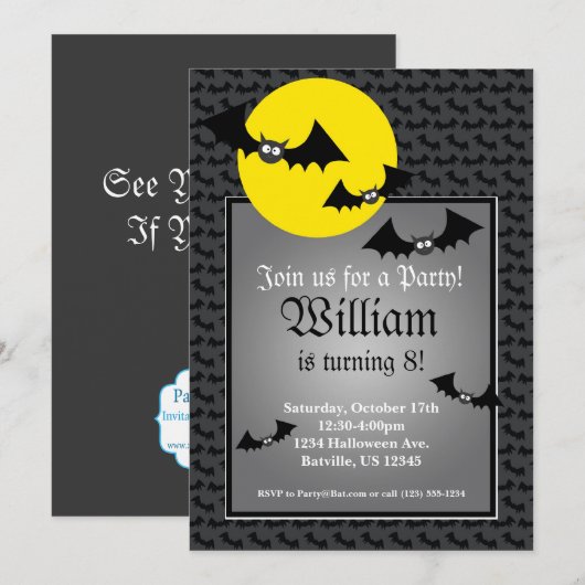 Black Bat Spooky Halloween Birthday Party Invite Kaart (Voorkant / Achterkant)