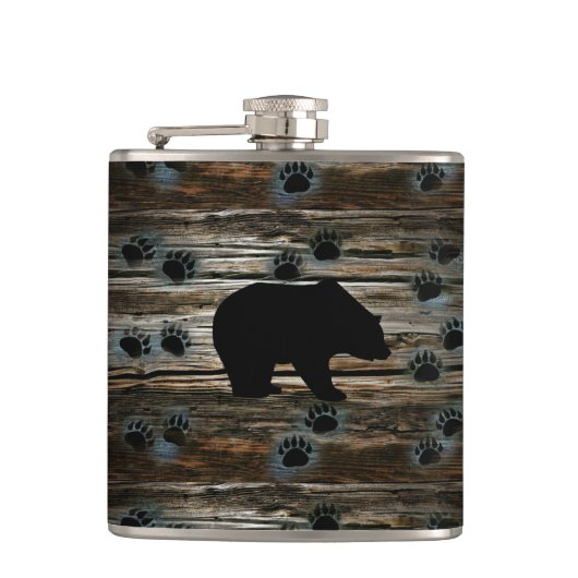 Black Bear Paws Rustic Wood Heupfles (Voorkant)