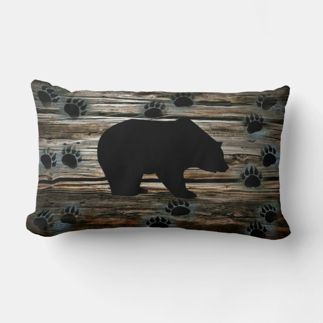 Black Bear Paws Rustic Wood Kussen (Voorkant)
