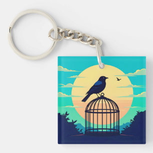 Black Bird in Empty Cage on Hill Silhouetted Again Sleutelhanger