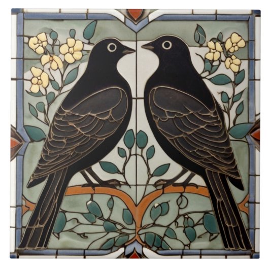 Black Birds Faux Glas in lood Vogelpaar Tegeltje (Voorkant)