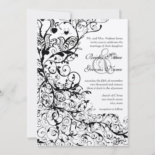 Black Birds & Swirls Faire-part de mariage #31g (Dos)