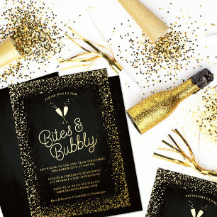 Black Bites & Bubbly New Year's Eve Party Gold Folie Uitnodiging
