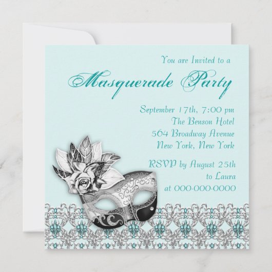 Black Blanc Turquoise Bleu Masquerade Invitations (Dos)