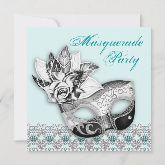 Black Blanc Turquoise Bleu Masquerade Invitations (Devant)