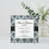 Black Blauwgroen Blue Damask Sweet 16 Party-uitnod Kaart (Staand voorkant)
