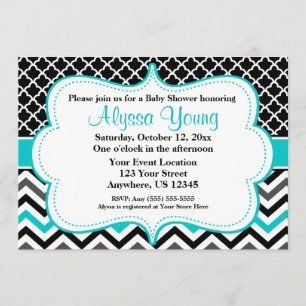 Black Blauwgroen Chevron Invitation Kaart