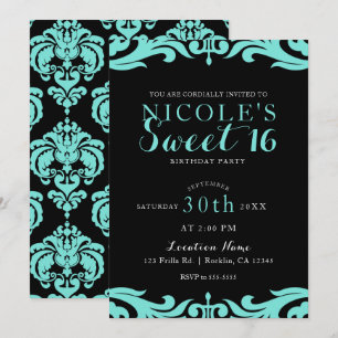 Black & Blauwgroen Damask Chic Elegant Sweet 16 Pa Kaart