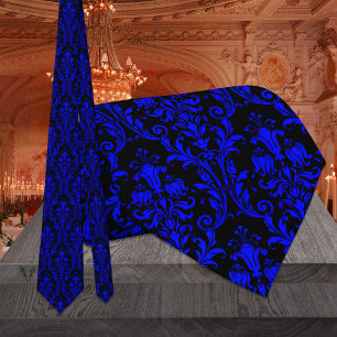 Black & Blue Acanthus Leaf Damask Floral Wedding Stropdas