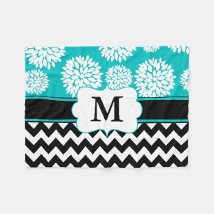 Black Blue Blooms Chevron Monogram Fleece Deken