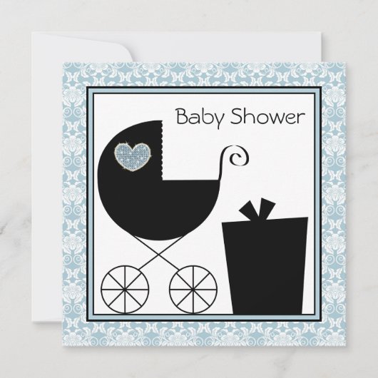 Black Blue Damask Baby Boy Shower Invitations (Devant)