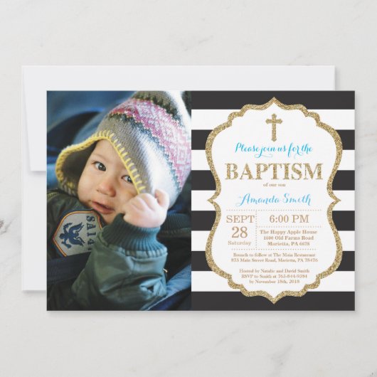 Black Blue en Gold Glitter Baptism Invitation Kaart (Voorkant)