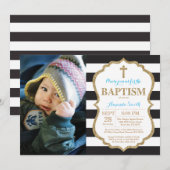 Black Blue en Gold Glitter Baptism Invitation Kaart (Voorkant / Achterkant)