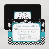 Black & Blue Floral Hearts Mariage carte RSVP (Devant / Derrière)