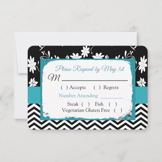 Black & Blue Floral Hearts Mariage carte RSVP (Devant)