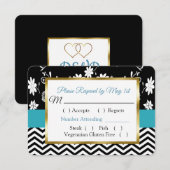 Black & Blue Floral Hearts Mariage carte RSVP (Devant / Derrière)