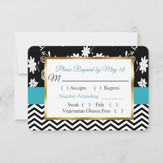 Black & Blue Floral Hearts Mariage carte RSVP (Devant)