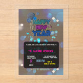Black & Blue Midnight Sparkle Neon Glow New Year Acryl Uitnodigingen (Voorkant)