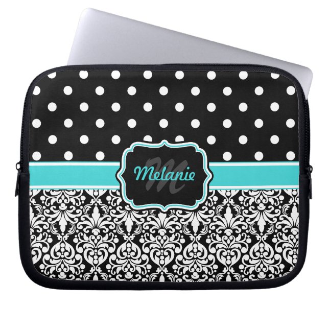 Black Blue Monogrammed Damask Polka Dot Laptop Sleeve (Voorkant)