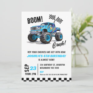 Black Blue Monster Truck Verjaardag Uitnodiging