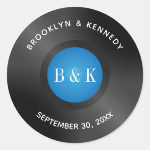Black Blue Rock N Roll Monogram Naam Vinyl Record Ronde Sticker