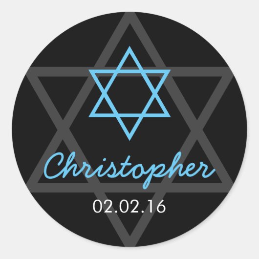 Black Blue Star of David Personalized Bar Mitzvah Ronde Sticker (Voorkant)