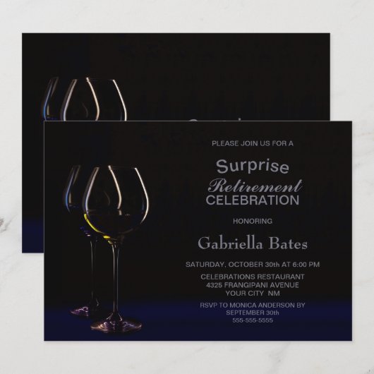 Black Blue Surprise Retirement Wine Glass Party Kaart (Voorkant / Achterkant)