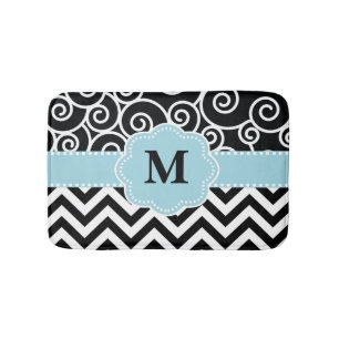 Black Blue Swirl Chevron Monogram Bathmat Badmat