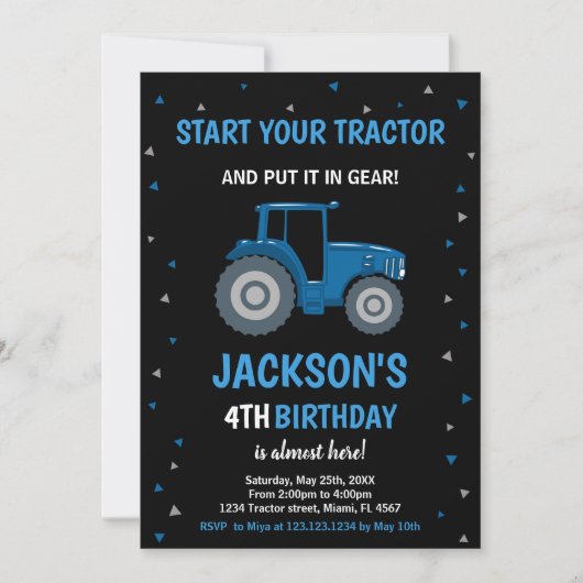 Black Blue Tractor Invitations d'anniversaire (Devant)