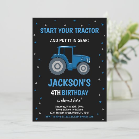 Black Blue Tractor Invitations d'anniversaire (Debout devant)