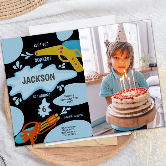 Black Blue Water Gun Invitations avec photo