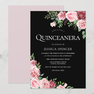 Black Blush & Burgundy Quinceanera Party Invite Kaart