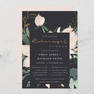 BLACK BLUSH GOLD FLORA WATERVERF REHEARSAL DINNER KAART