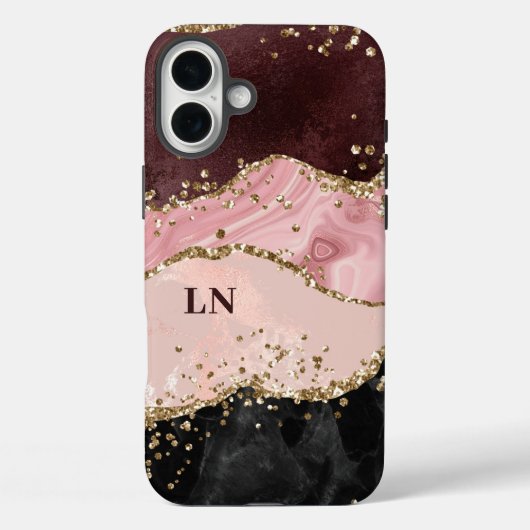 Black Blush Gold Glitter Agaat Monogram Case-Mate iPhone Case (Achterkant)