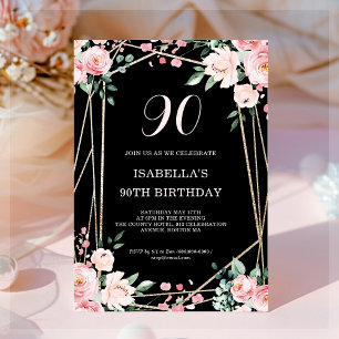 Black   Blush Pink Floral 90e verjaardag uitnodigi Kaart