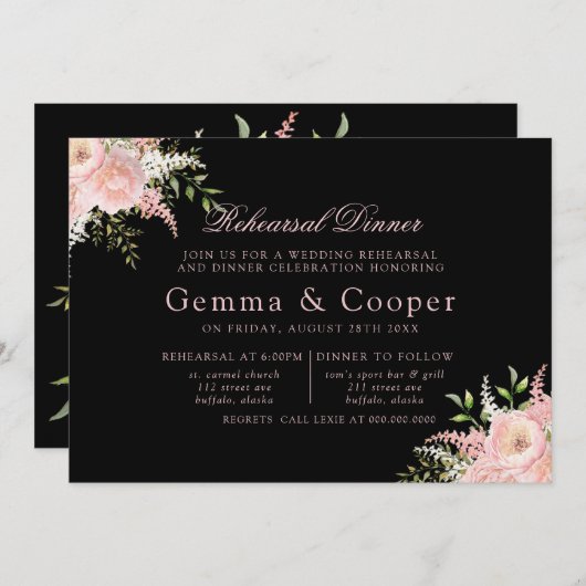 Black Blush Pink Painted Florals repetitief Dinner Kaart (Voorkant / Achterkant)