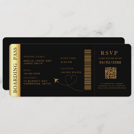 Black Boarding Pass Bestemming bruiloft QR-code Kaart (Voorkant / Achterkant)