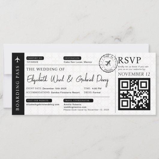 Black Boarding Pass Reisbestemming Bruiloft Kaart (Voorkant)