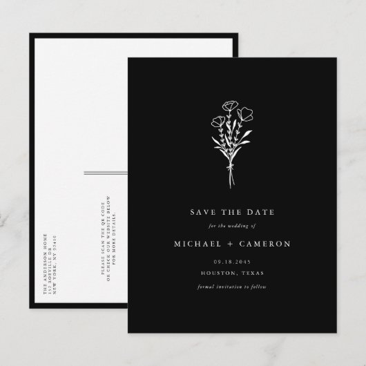 Black Boho Botanical QR Code Bewaar de datum Aankondigingskaart (Voorkant / Achterkant)