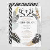 Black Boho Feather Christening Uitnodiging (Voorkant / Achterkant)