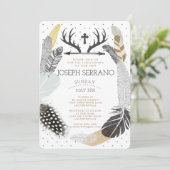 Black Boho Feather Christening Uitnodiging (Staand voorkant)