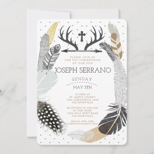 Black Boho Feather Christening Uitnodiging (Voorkant)